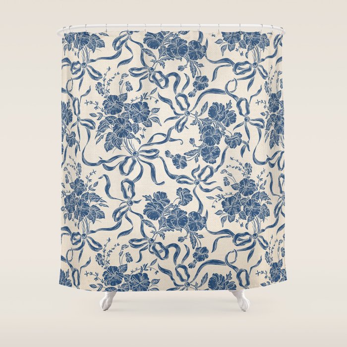 Chic Modern Vintage Ivory Navy Blue Floral Pattern Shower Curtain Gallery Image 1