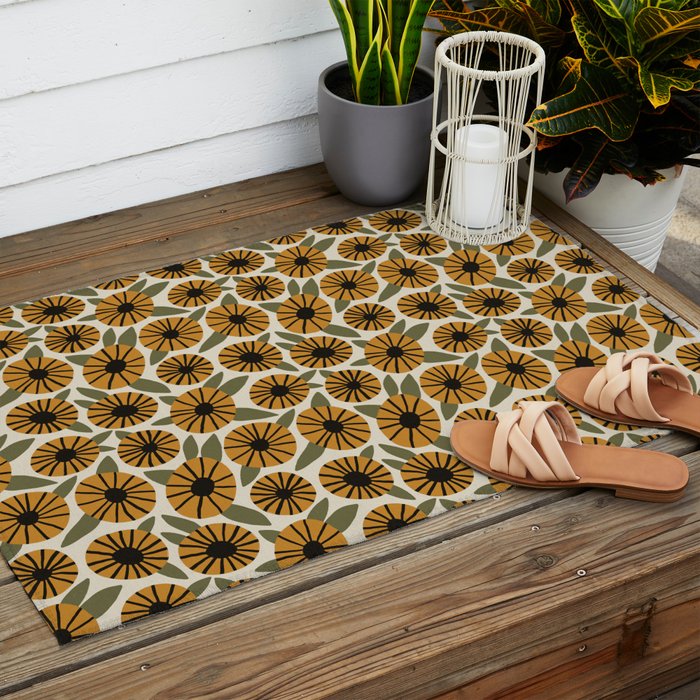 Floral Pattern / Turmeric Yellow & Green Outdoor Rug Gallery Image 2