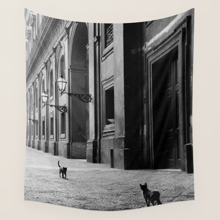 Two French Cats, Paris Left Bank black and white cityscape photograph / photography Wall Tapestry Gallery Image 1