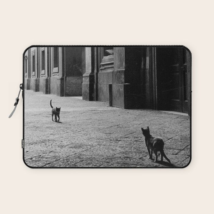 Two French Cats, Paris Left Bank black and white cityscape photograph / photography Laptop Sleeve Gallery Image 1