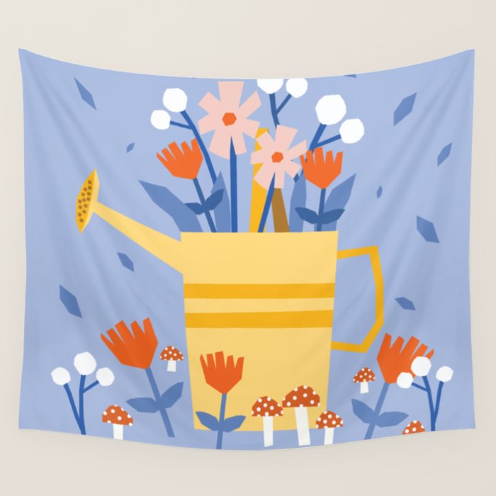 Watering can and flowers Wall Tapestry Gallery Image 1