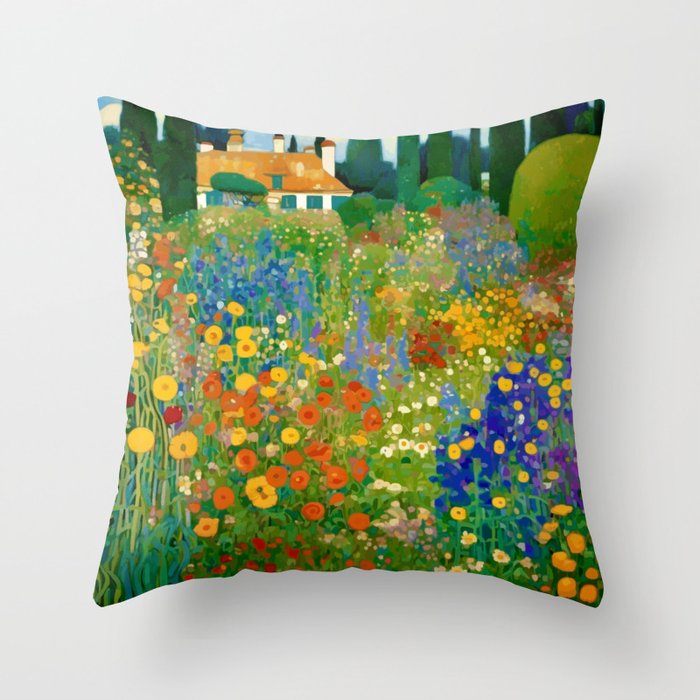 Klimt Flower Garden Colorful Landscape Throw Pillow Gallery Image 1