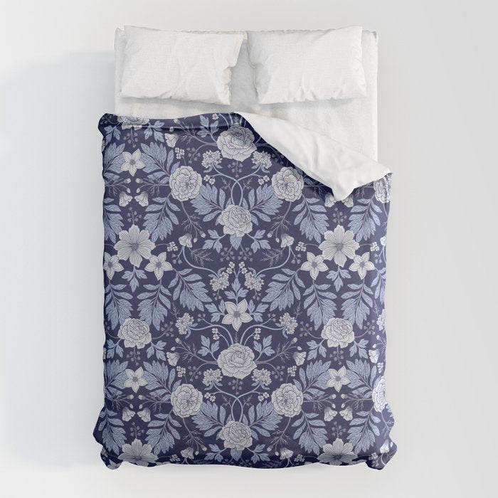 Light Blue, Cobalt Blue, & White Floral Pattern Duvet Cover Gallery Image 1