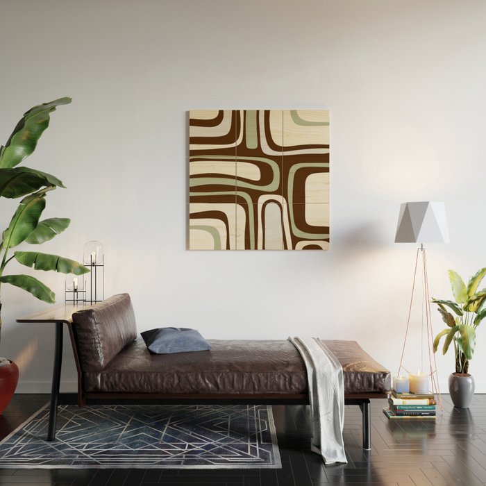 Palm Springs Mid-Century Modern Abstract in Brown, Sage, Light Gray, and Cream Wood Wall Art Gallery Image 2