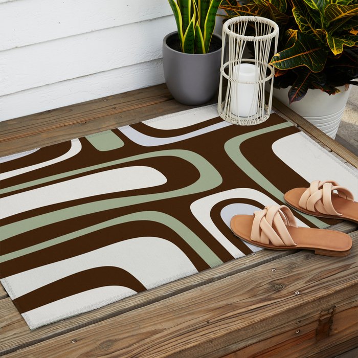 Palm Springs Mid-Century Modern Abstract in Brown, Sage, Light Gray, and Cream Outdoor Rug Gallery Image 2