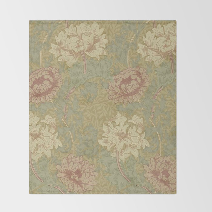 William Morris Vintage Chrysanthemum Pink Yellow Green Floral Botanical Throw Blanket Gallery Image 2