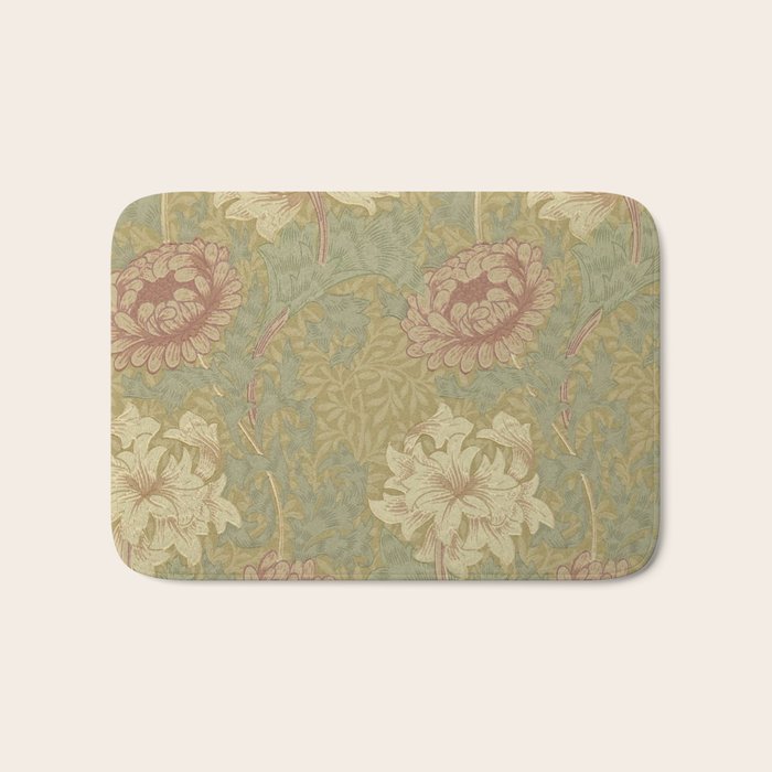 William Morris Vintage Chrysanthemum Pink Yellow Green Floral Botanical Bath Mat Gallery Image 1