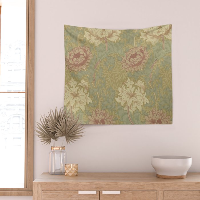 William Morris Vintage Chrysanthemum Pink Yellow Green Floral Botanical Wall Tapestry Gallery Image 2