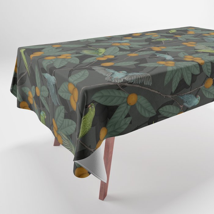 Green & Turquoise Parrotlets and Loquats Tablecloth Gallery Image 1