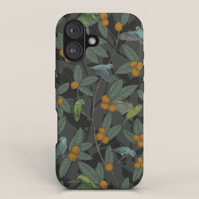 Green & Turquoise Parrotlets and Loquats iPhone Case Gallery Image 1