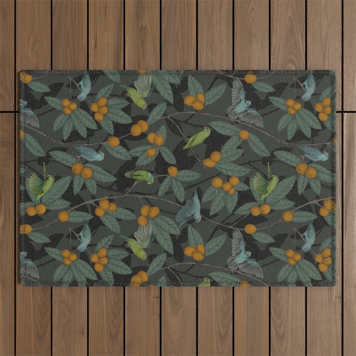 Green & Turquoise Parrotlets and Loquats Outdoor Rug Gallery Image 1
