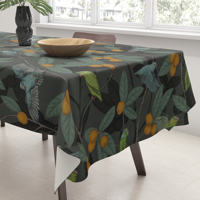 Green & Turquoise Parrotlets and Loquats Tablecloth Gallery Image 3