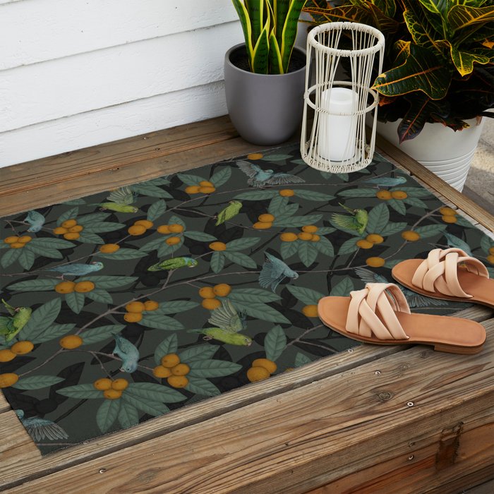 Green & Turquoise Parrotlets and Loquats Outdoor Rug Gallery Image 2