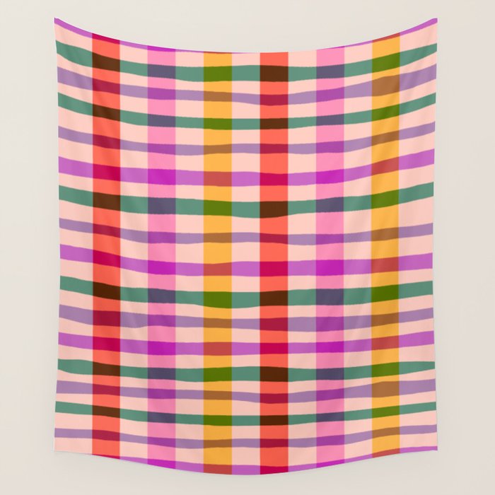Wobbly Colorful Gingham Pattern Wall Tapestry Gallery Image 4