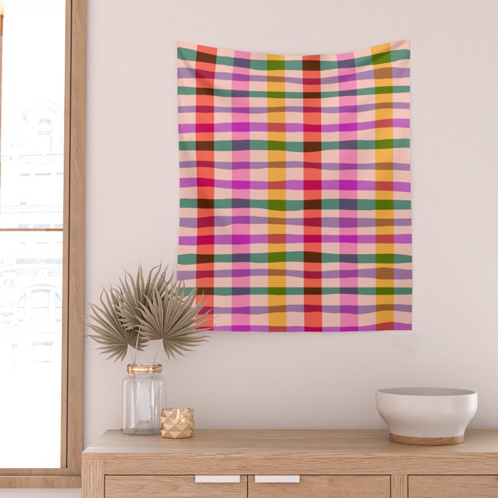 Wobbly Colorful Gingham Pattern Wall Tapestry Gallery Image 2