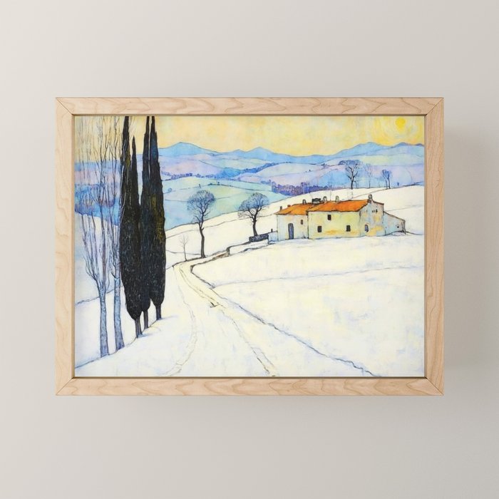 Winter in Tuscany Watercolor Landscape Mini Art Print Gallery Image 1