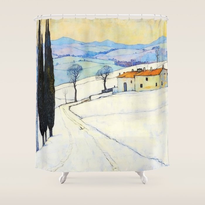 Winter in Tuscany Watercolor Landscape Shower Curtain Gallery Image 1