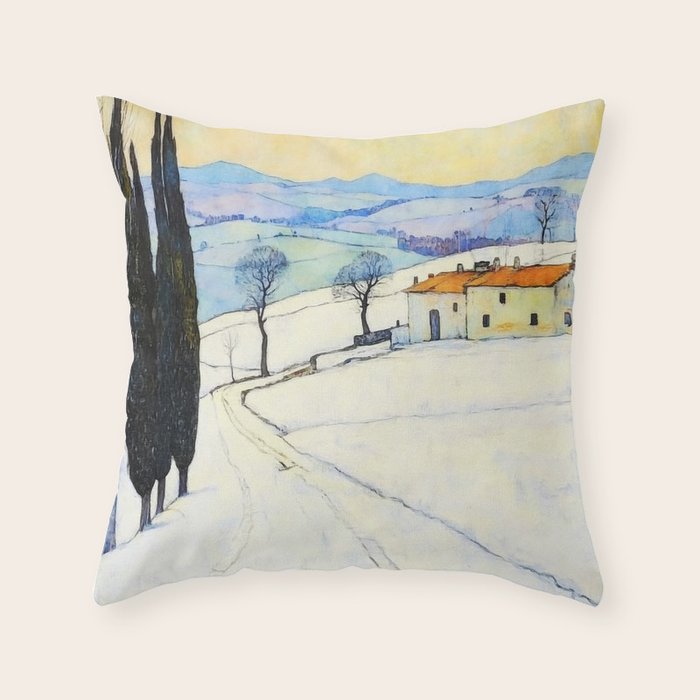 Winter in Tuscany Watercolor Landscape Throw Pillow Gallery Image 6