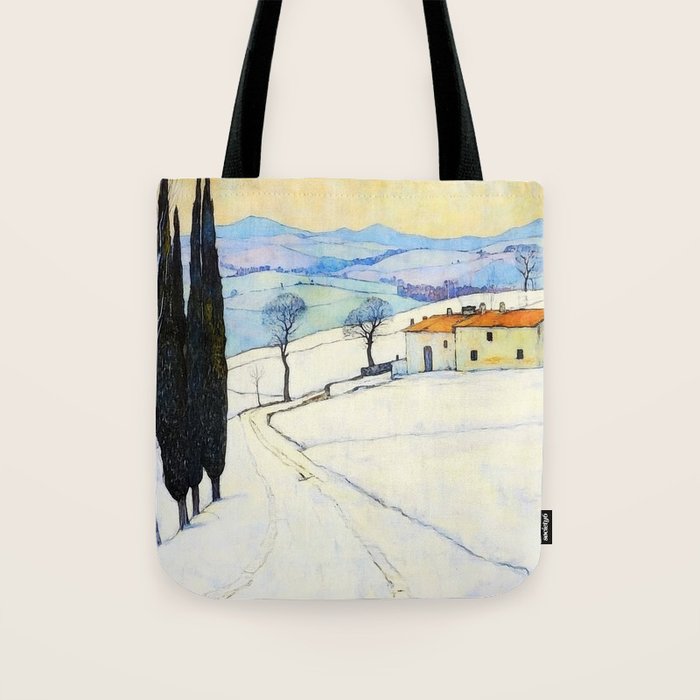 Winter in Tuscany Watercolor Landscape Tote Bag Gallery Image 1