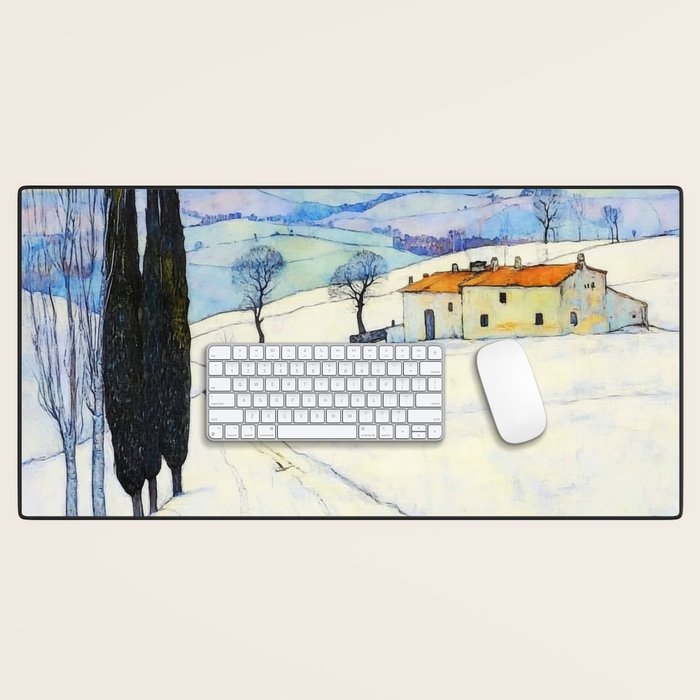 Winter in Tuscany Watercolor Landscape Desk Mat Gallery Image 1