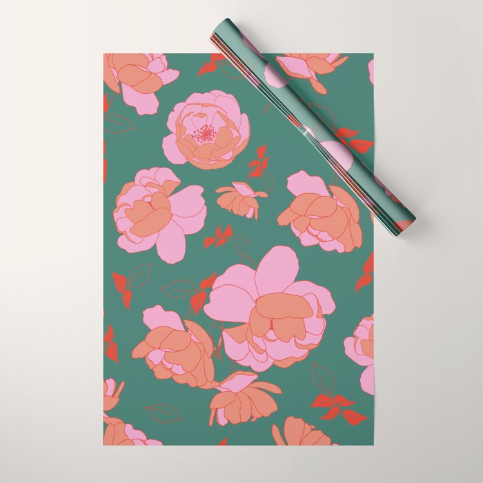 English Roses in Pink and Green Wrapping Paper Gallery Image 1
