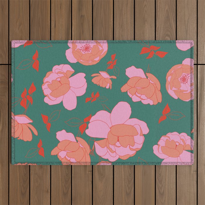 English Roses in Pink and Green Outdoor Rug Gallery Image 1