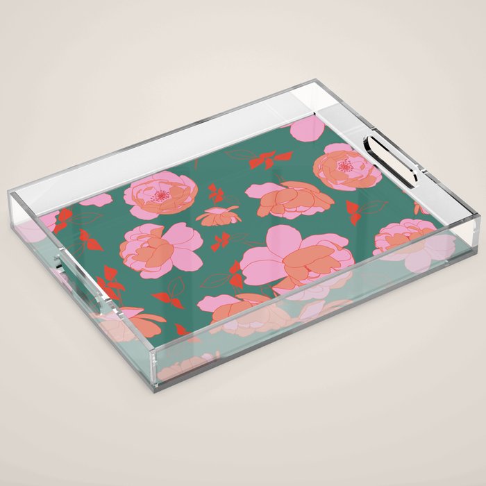 English Roses in Pink and Green Acrylic Tray Gallery Image 1