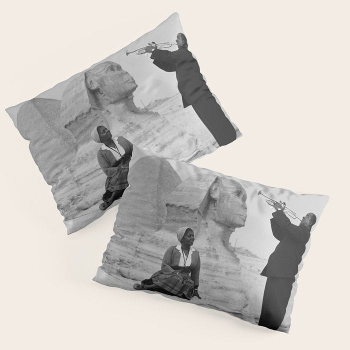 Louis Armstrong at the Spinx and Egyptian Pyrimids Vintage black and white photography / photographs Pillow Sham Gallery Image 3