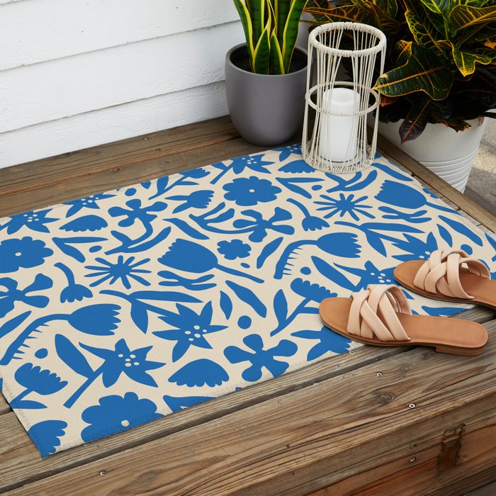 Blue flower nature art pattern Outdoor Rug Gallery Image 2