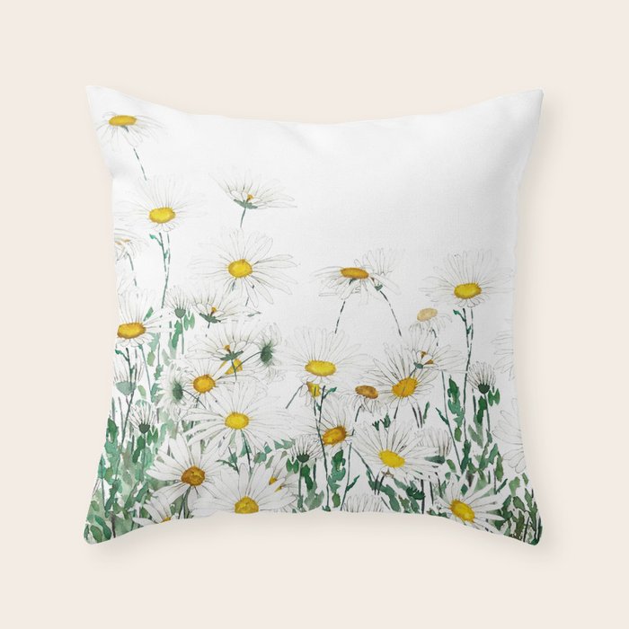 white margaret daisy horizontal watercolor painting Throw Pillow Gallery Image 6