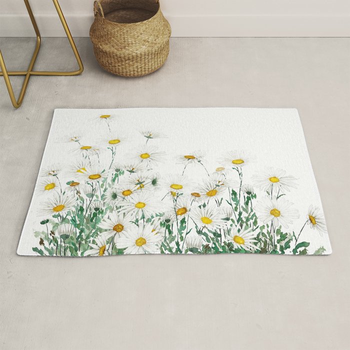 white margaret daisy horizontal watercolor painting Rug Gallery Image 1