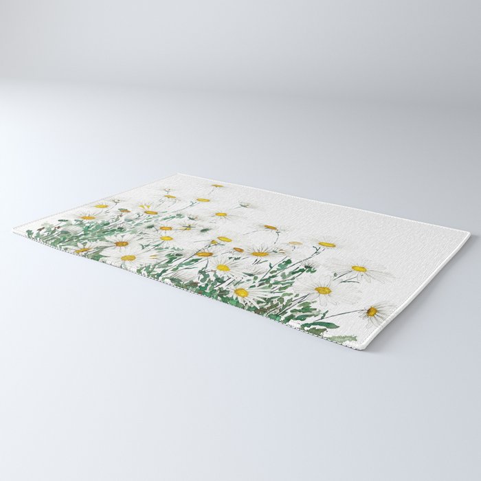 white margaret daisy horizontal watercolor painting Rug Gallery Image 3