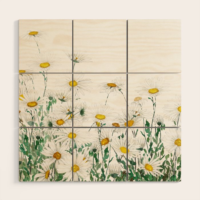 white margaret daisy horizontal watercolor painting Wood Wall Art Gallery Image 1