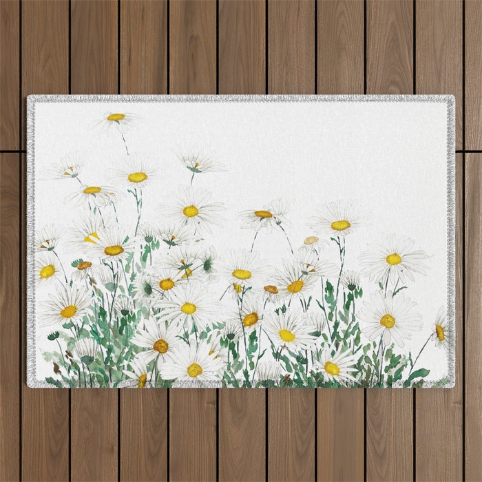 white margaret daisy horizontal watercolor painting Outdoor Rug Gallery Image 1
