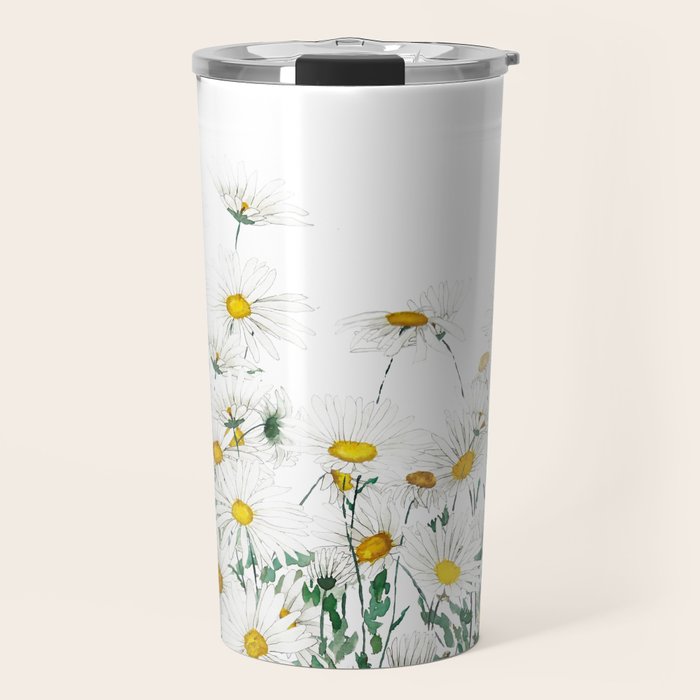 white margaret daisy horizontal watercolor painting Travel Mug Gallery Image 1