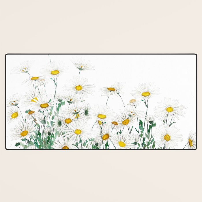 white margaret daisy horizontal watercolor painting Desk Mat Gallery Image 3