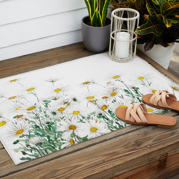 white margaret daisy horizontal watercolor painting Outdoor Rug Gallery Image 2