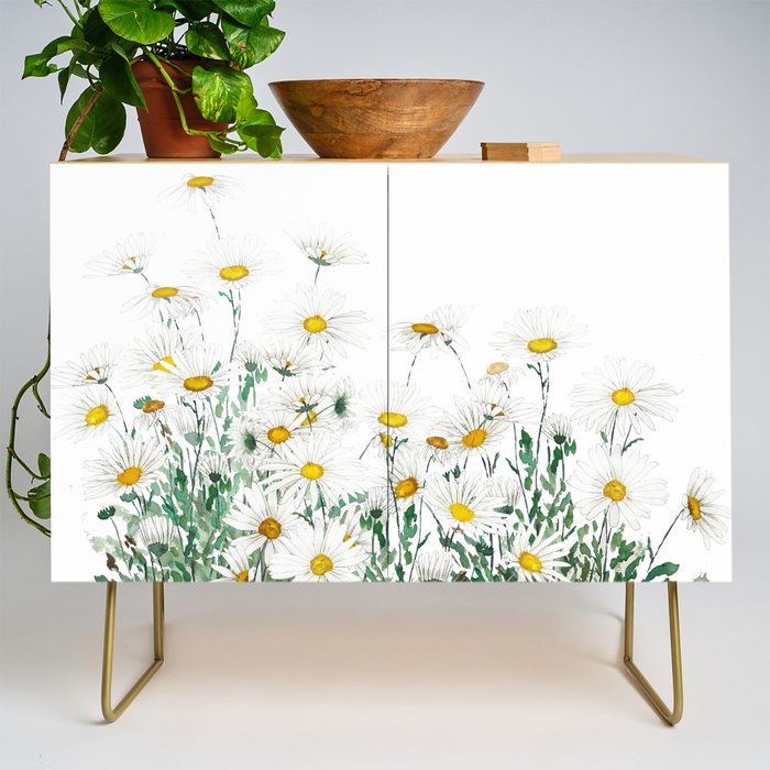 white margaret daisy horizontal watercolor painting Credenza Gallery Image 1