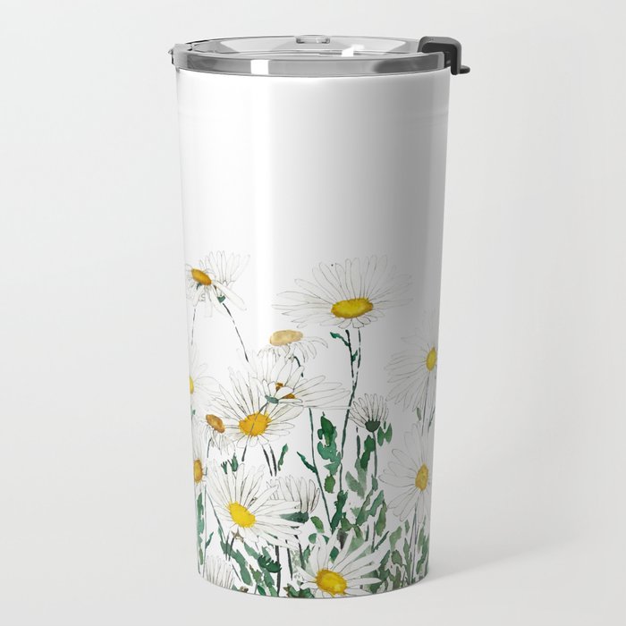 white margaret daisy horizontal watercolor painting Travel Mug Gallery Image 2