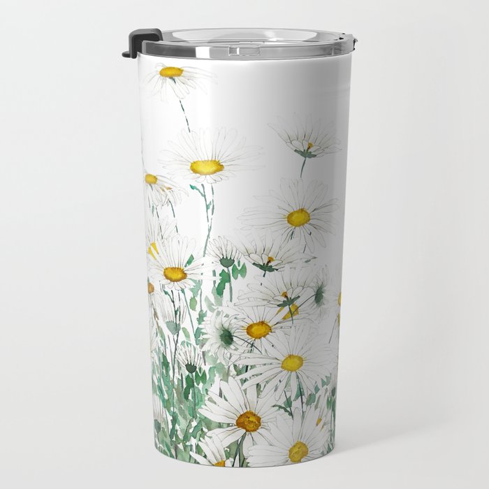 white margaret daisy horizontal watercolor painting Travel Mug Gallery Image 3