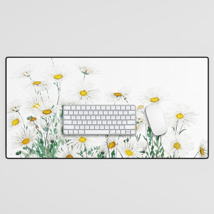 white margaret daisy horizontal watercolor painting Desk Mat Gallery Image 1