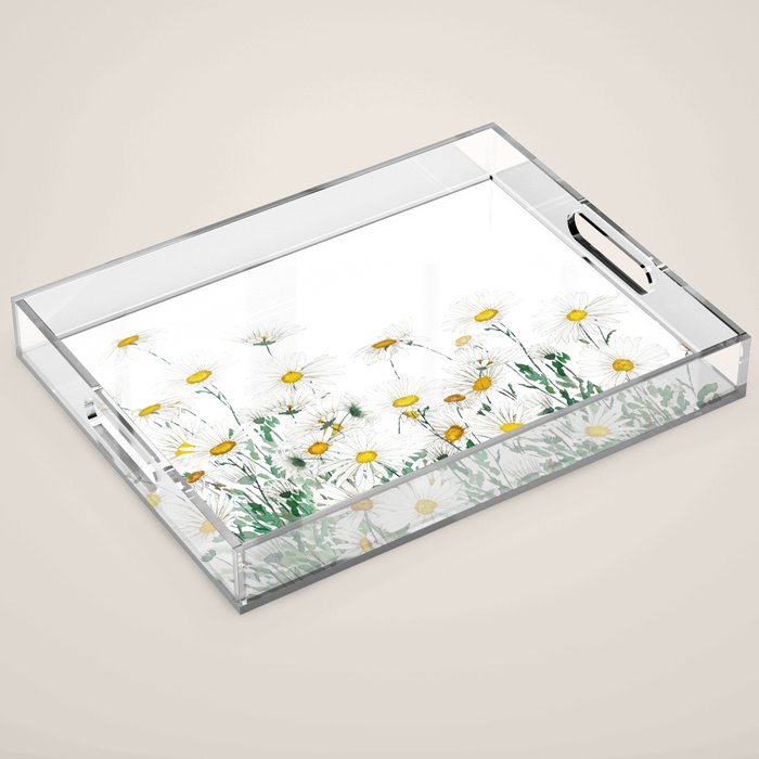 white margaret daisy horizontal watercolor painting Acrylic Tray Gallery Image 1