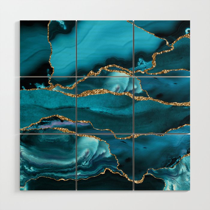 Abstract  Iceblue  And Gold Emerald Marble Landscape  Wood Wall Art Gallery Image 1