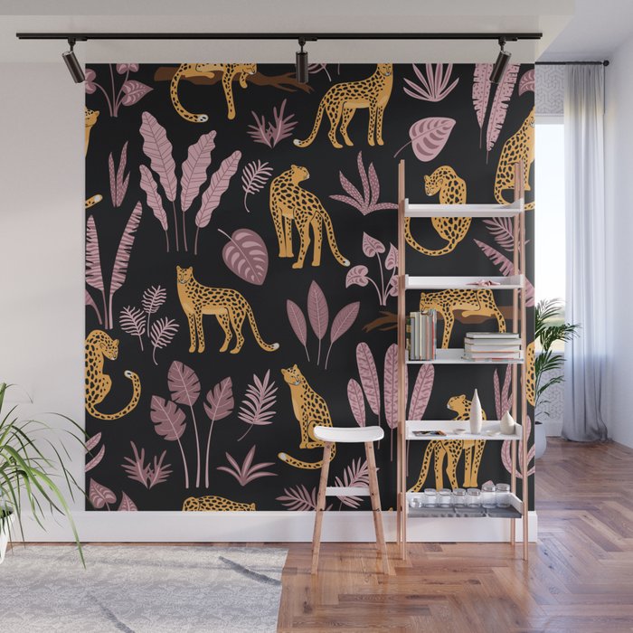 Beautiful Leopard & Pink Leaf Pattern Wall Mural Gallery Image 1