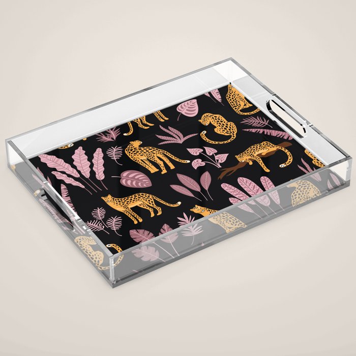 Beautiful Leopard & Pink Leaf Pattern Acrylic Tray Gallery Image 1