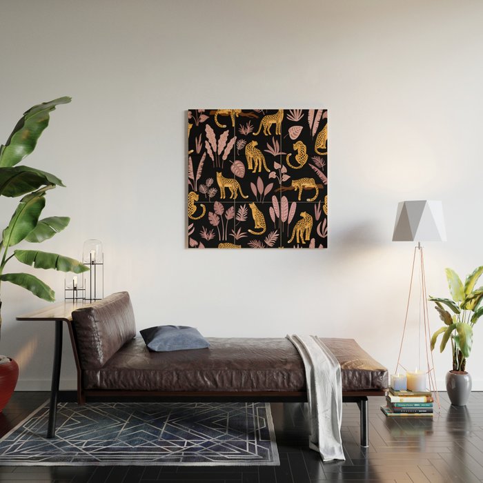 Beautiful Leopard & Pink Leaf Pattern Wood Wall Art Gallery Image 2