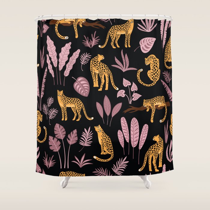 Beautiful Leopard & Pink Leaf Pattern Shower Curtain