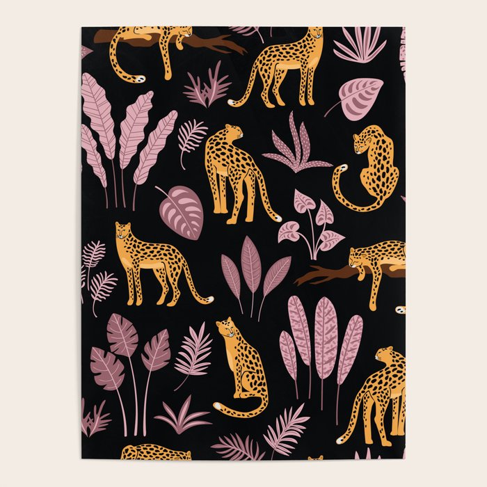 Beautiful Leopard & Pink Leaf Pattern Poster Gallery Image 1