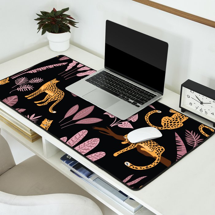 Beautiful Leopard & Pink Leaf Pattern Desk Mat Gallery Image 2
