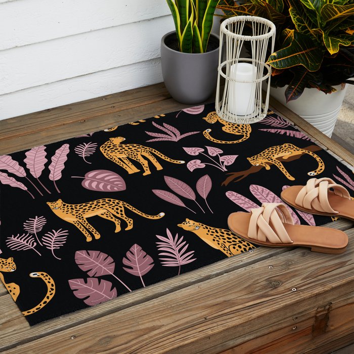 Beautiful Leopard & Pink Leaf Pattern Outdoor Rug Gallery Image 2